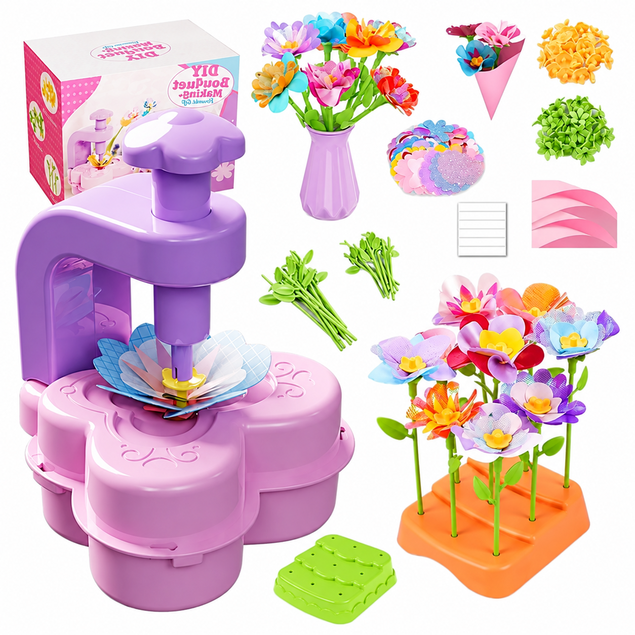 Kit para crear flores con prensa y pétalos de colores